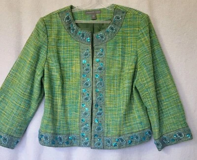 Chaqueta retro Josephine Chaus para mujer 100 % seda verde azul lentejuelas talla 14 Foto 1 de 4