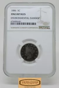 1886 Liberty Head 5 Cents, NGC Fine Details Environmental Damage - #B17635 - Picture 1 of 4