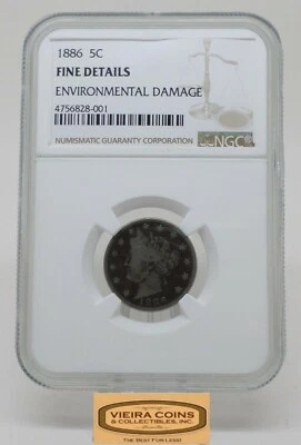 1886 Liberty Head 5 Cents, NGC Fine Details Environmental Damage - #B17635 - Image 1 of 4