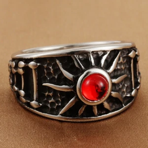 Vintage Red Stone Sun Totem Wedding Ring Stainless Steel Retro Ring Size 7-13 - Picture 1 of 3