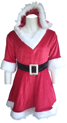 Holiday Christmas Santa Claus Dress Girls Junior Velour Fur Red white hood Med. - Image 1 of 4