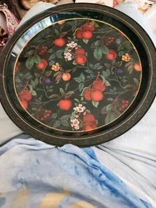 Black Tole/Tole-Wear Style Floral/Fruit Serving Metal Tray Vintage - Picture 1 of 4