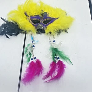 Yellow Purple Masquerade Mask With Feathers Venetian For Women - Picture 1 of 10