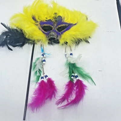 Yellow Purple Masquerade Mask With Feathers Venetian For Women - Image 1 of 4