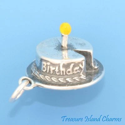 Tarta de Cumpleaños con Vela Esmalte Amarillo 3D Plata de Ley 925 Dije HECHO EN EE. UU. Foto 1 de 4