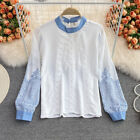 Ladies Lace Splice Shirt Chiffon Tops Blouse Retro Floral Pullover Basic Korea