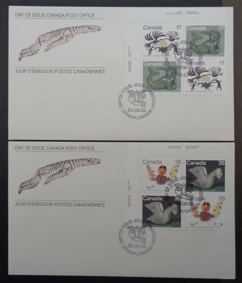 CANADA	#866-869 FDC UL plate blocks 1980 Inuit spirits set. Combined S&H - Image 1 of 1