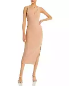 Aqua Women's tan/beige Sleeveless V-Neck Midi Bodycon Dress Size L NWT (bn18) - Picture 1 of 6
