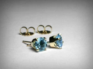 Genuine Blue Topaz Stud Earrings. 5.0mm. 14K Yellow Gold. December Birthstone. - Picture 1 of 5