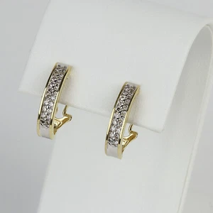Pretty 14k Yellow & White Gold, Diamond Omega Stud Half Hoop Earrings - Picture 1 of 2