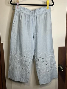 Talbots Petite Size MP Embroidered Linen Blend Wide Cropped Pull-On Pants - Picture 1 of 6