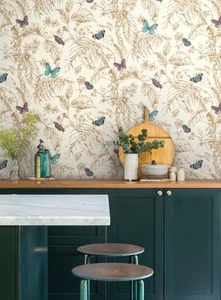 Anthropologie Papillon Wallpaper Butterfly Floral White Gold NWT - Picture 1 of 8