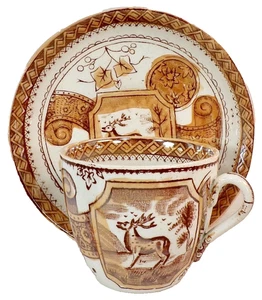 Allerton's Stag Cup & Saucer Only for Child's Tea Set Brown Transferware Antique - Picture 1 of 15