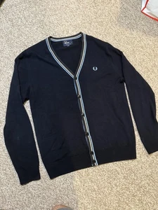 Fred Perry Cardigan Sweater Mens Medium Navy Blue Merino Wool V Neck Button Up - Picture 1 of 7