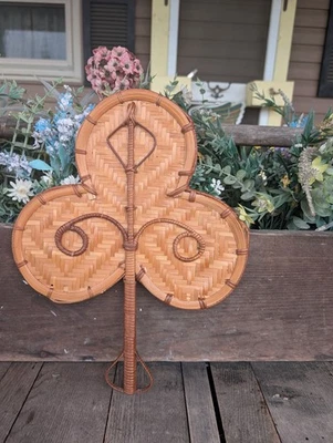 Vintage Hand Woven Straw Wicker Rattan Clover Hand Fan - Image 1 of 4