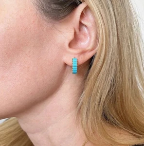 Dainty Turquoise Huggie 925 Silver Hoop 18K Gold Plated Silver Boho Earrings - Picture 1 of 5