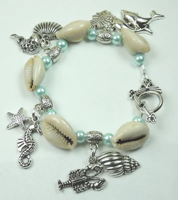 Artisan Seaside Cowrie Shell Pearl Bracelet & Seahorse Fish Charms Beach Wedding - Image 1 of 2
