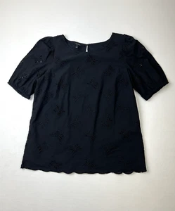 Talbots Sz L Top Blouse Eyelet Butterfly Puff Sleeve Black Spring Whimsical - Picture 1 of 5