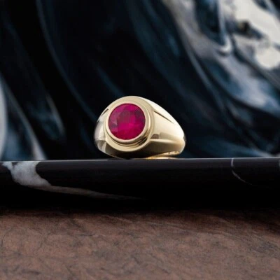 1Ct Round Cut Natural Red Ruby Solitaire Bezel Set Men's Gift Ring In 14k Gold - Image 1 of 4