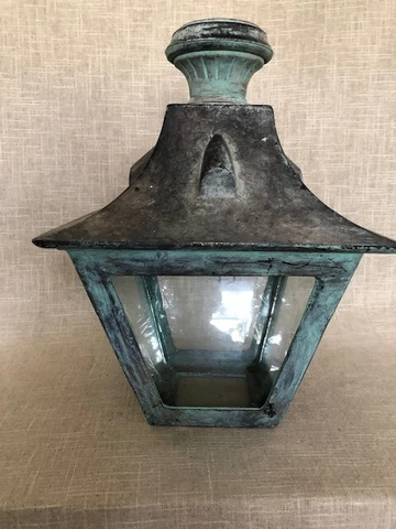 Vintage Porch Light, Hefty Arts & Crafts Tudor Gothic copper-finish Verdi-Gris Cover