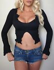 NWT Black gothic Cropped Bell Sleeve Flutter Textured blouse Top Split XS