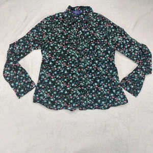 MILEY CYRUS MAX AZRIA BLACK FLORAL V-NECK ROLL TAB SLEEVES BUTTON UP SHIRT SZ XL - Picture 1 of 7