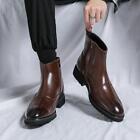 Mens Ankle Boots Block Heel Point Toe Casual Side Zip Dress Shoes Wing Tip New