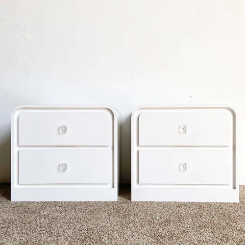 Postmodern White Lacquer Laminate Waterfall Nightstands With Lucite Knobs, Pair Cover