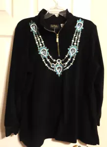 Bob Mackie Damen 1X Schwarz Fleece Pullover Bluse Türkis Besatz - Bild 1 von 4