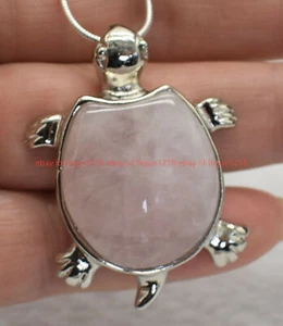 Natural Pink Quartz Turtle Gemstone Pendant 925 Silver Necklace 18'' - Picture 1 of 12