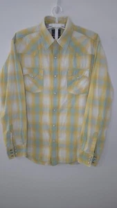 Vintage Lucky Brand Dungaree Mens XL Yellow Blue Plaid Pearl Snap Shirt XL236 - Picture 1 of 6