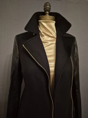 Ted Baker London Zippered Wool/Cashmere Coat  Leather Sleeves Sz 2 Matrix Vibe - Image 1 of 4