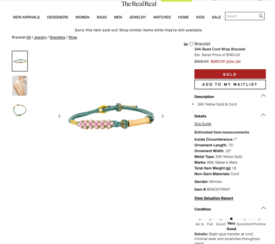 Brazalete envolvente con cordón de oro 999 de 24 quilates Foto 1 de 2