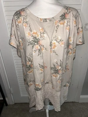 Женская многослойная футболка Cato большого размера 22/24 с цветочным рисунком кружевная блузка бежевая оранжевая - Изображение 1 из 4