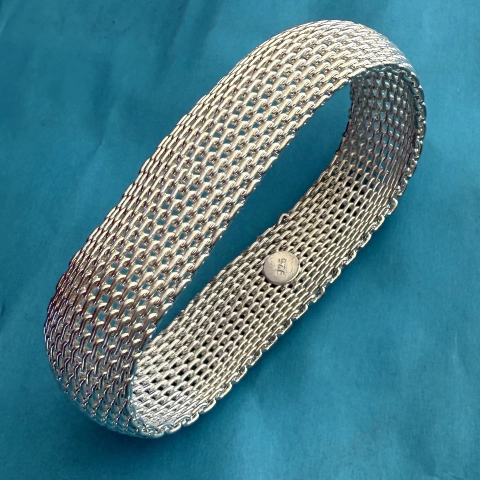 "Brazalete brazalete de malla ancha de plata de ley 925 de 19 mm de 7,5"" alrededor" Foto 1 de 2