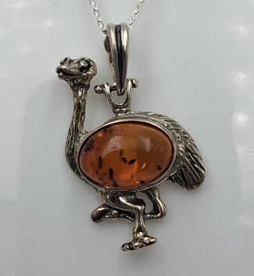 Ciondolo Di Struzzo In Ambra 925 Argento Collana Top Gioiello - Immagine 1 di 4