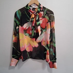 Blusa Wild Daniela Hecha en Francia Transparente Floral Secretaria Lazo Talla Pequeña - Imagen 1 de 8