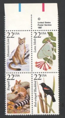 1987 American Wildlife Unused US Postage Block 22 Cent Stamps Mountain Lion Ring - Image 1 of 2