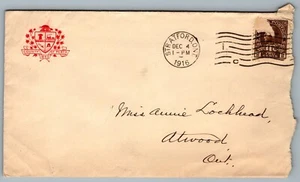 1916 Postal Cover County of Perth Stratford ON to Atwood ON Machine Cancel CDS - Picture 1 of 2