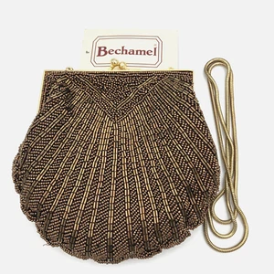 Bolso de Noche Dorado BECHAMEL Cuentas Vieira Concha Marina Monedero Cierre Beso Nuevo con Etiquetas 1980 - Imagen 1 de 6