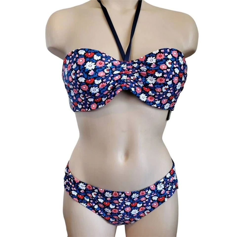Kate Spade женщин бикини комплект купальник синий белый цветочный с бретелью через шею XS $160 новый - Изображение 1 из 4