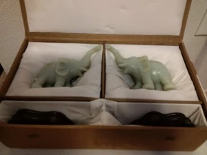Antique Rare Pair of Super Nice Opaque Jade Green Elephants Hand Carved - Picture 1 of 12