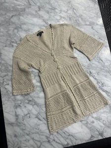 INC y2k Size Small Beige Crochet Cardigan Button Up Vintage 3/4 Sleeve Women - Picture 1 of 8