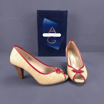 Andrew Geller Heels Womens 7.5 M Tallie Woven Red Trim Raffia Peep Toe Shoe - Image 1 of 4
