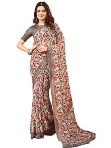 Brown Chiffon Printed Saree Party Wear Indian Pakistani Designer Sari - Picture 1 of 5