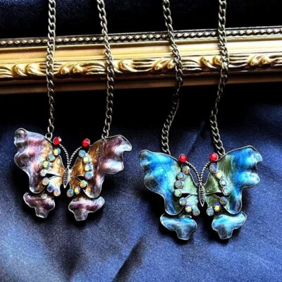 Vintage Butterfly Enamel Pendant Necklace Jewelry Gift For Her - Image 1 of 4