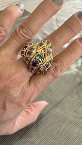 18k Yellow Gold BIG statement Ring Multi Natural Gemstone Ring Size 8 1/2. 19g. - Picture 1 of 8