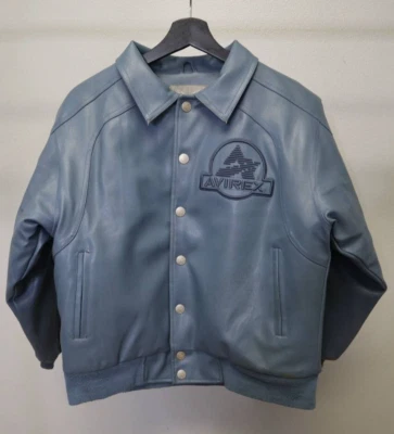 Jaqueta Varsity Feminina de Couro Azul Avirex Anos 90 M Sistemas Táticos Bombardeiro Antiga - Imagem 1 de 4