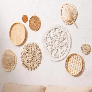 Set of 9 wall basket decor hanging boho Rattan Flat Woven Macrame Tassels Bam... - Picture 1 of 7