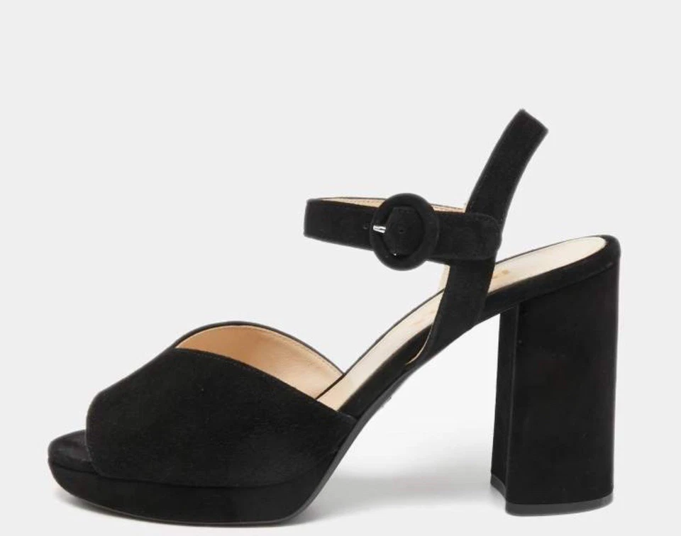 Prada Black Suede Ankle-Strap Block Heel Platform Sandals Women’s Size 6.5 /36.5 - Image 1 of 4